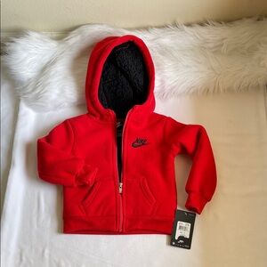 Nike Kids Red Full Zip Up Hoodie With Black Sherpa lining and Black Logo. 2T